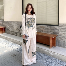 美式复古蝴蝶印花长袖T恤女两件套装2025秋季新款宽松气质休闲裤，女装套装/套裙，2C087