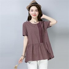 T恤2025年韩风时尚夏季短袖休闲拼接细格子韩版时尚舒适简约，女装T恤，风姿绰