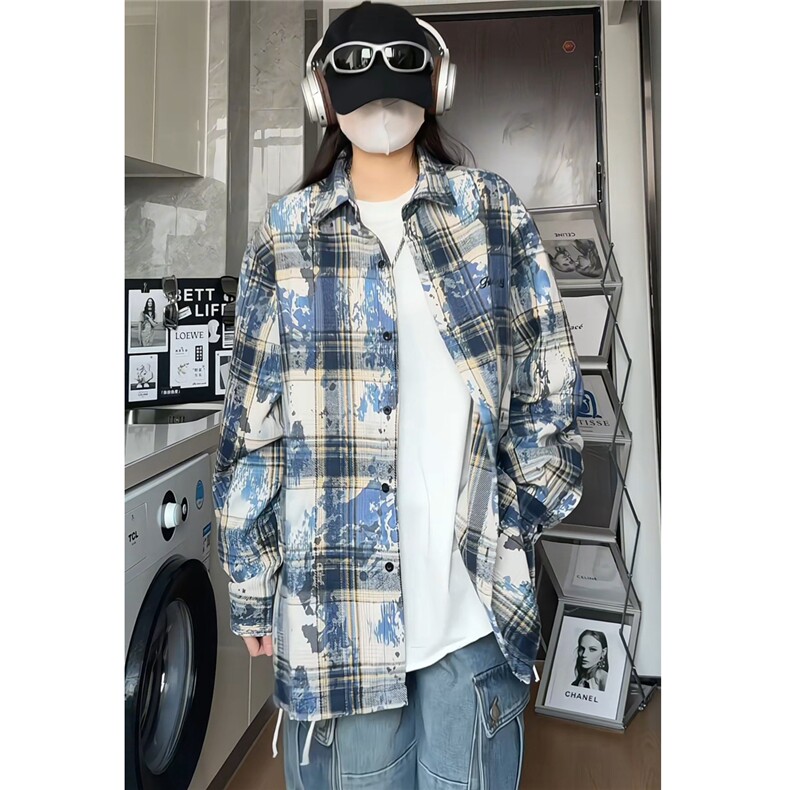 加厚泼墨扎染时尚格子男士长袖衬衫情侣休闲衬衣外套CS908-特P48,男装衬衫,电商A006