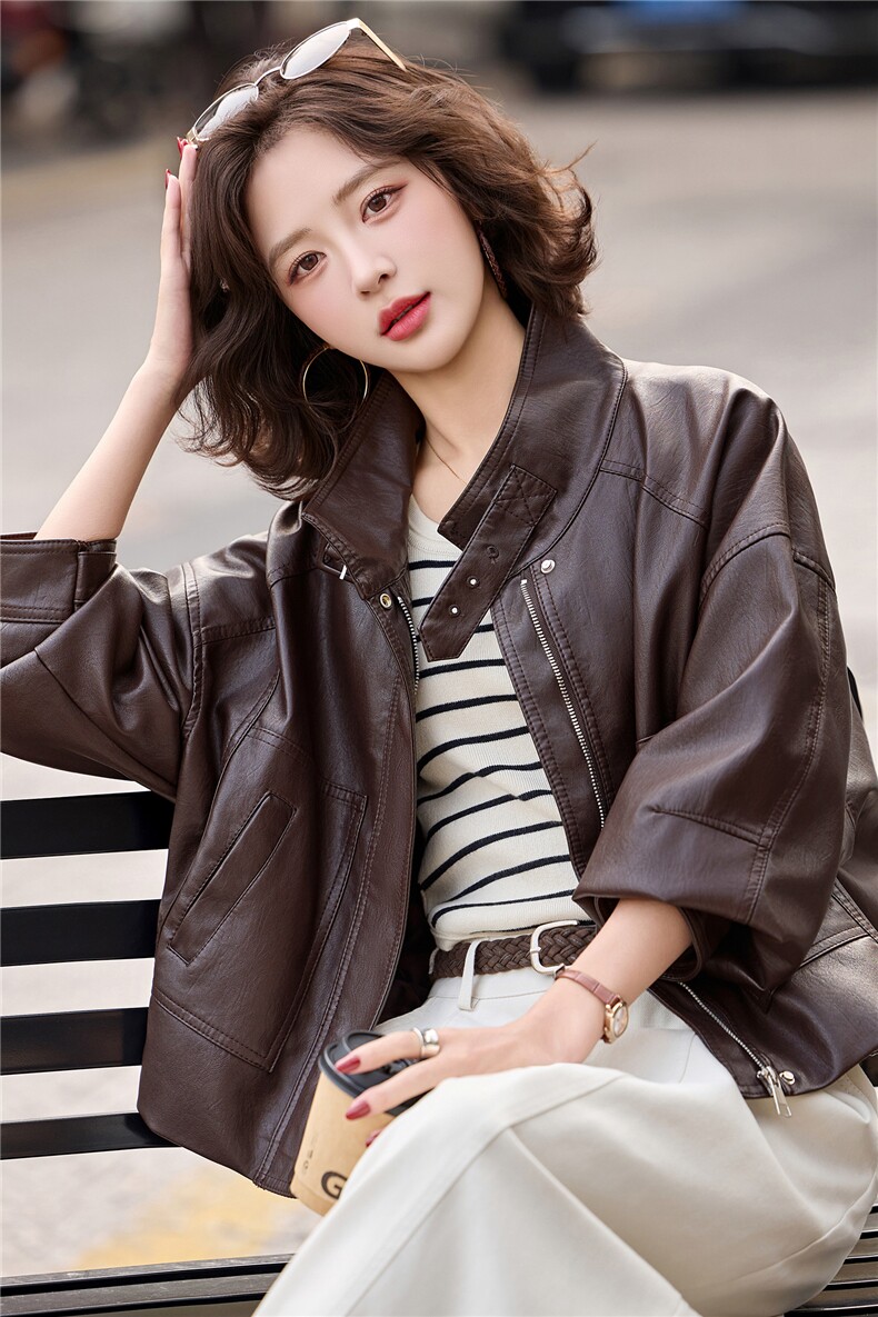 已出货春装新品立领皮衣外套女小个子美拉德时尚流行显瘦机车服,女装皮衣,吾爱衣