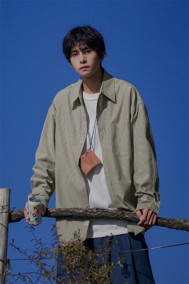 春秋新款条纹衬衫多色休闲ins风宽松长袖男士衬衣DX806P45控78,男装衬衫,电商B413-1