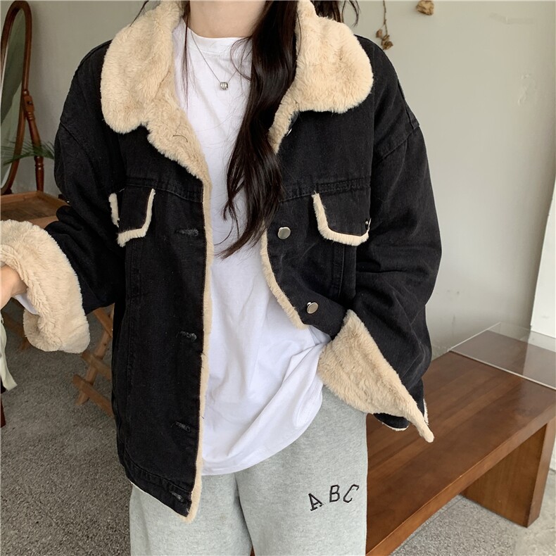 A201-P110羊羔毛拼接外套冬新款韩版宽松加厚牛仔拼接毛绒大衣,女装短外套,星座911