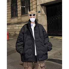 冬季黑色菱形格羽绒棉服男女款高街立领加厚面包服工装外套潮，男装棉衣，星座1013