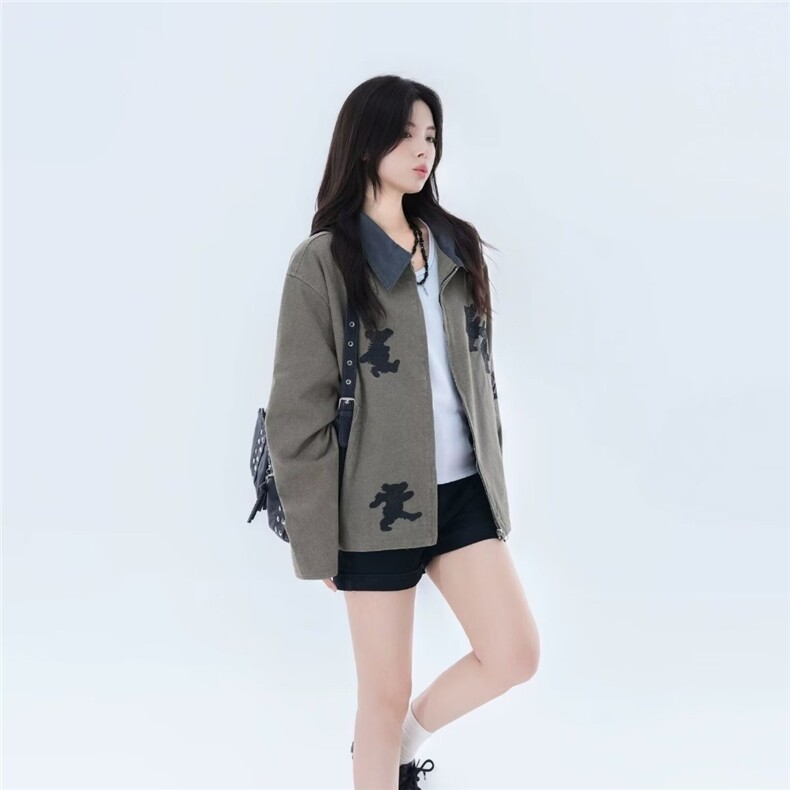 TH0752-P70网图翻领小熊拉链毛衣开衫女外套秋装新款韩版针织上衣,男装针织衫/毛衣,电商C233