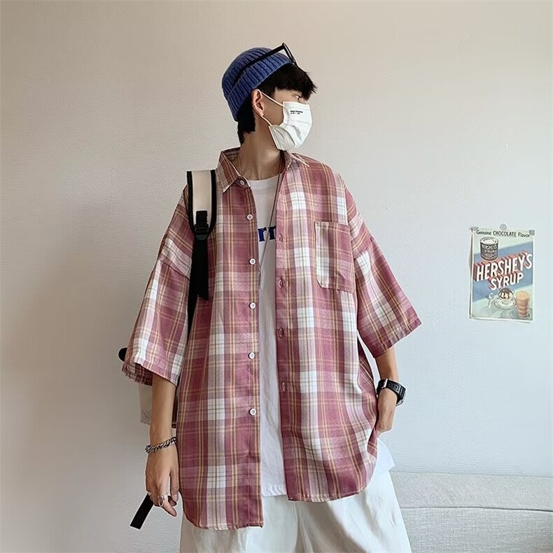 格子短袖衬衫男士夏季薄款宽松休闲轻熟潮牌M330-P30,男装衬衫,星座1109-3