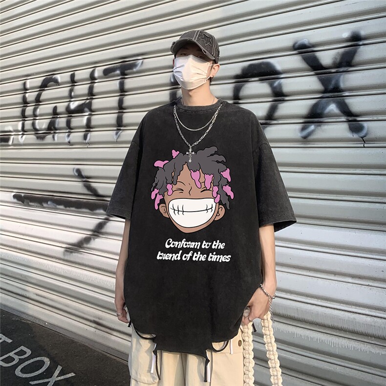 港风23新款夏季时尚卡通印花流苏圆领宽松短袖T恤DT6341P45控68,男装T恤,电商A268A