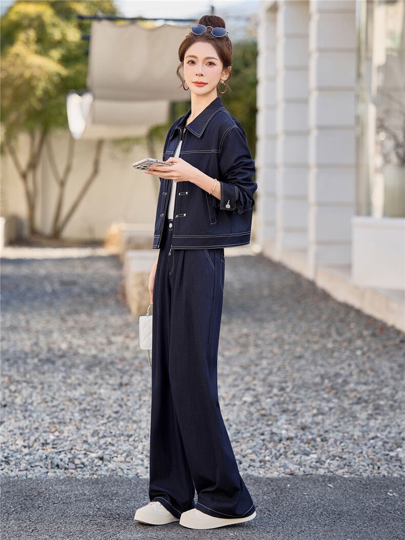 （新款现货）2026春装时尚休闲拉链天丝牛仔阔腿裤套装（两件套）,女装套装/套裙,印象茜