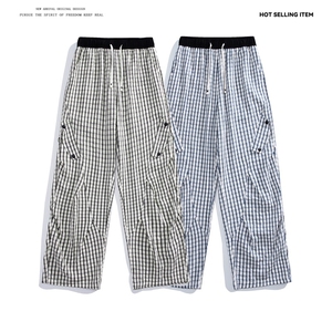 K5051/P40夏季薄款透气凉感格子裤男女同款垂感褶皱休闲裤长裤子图片