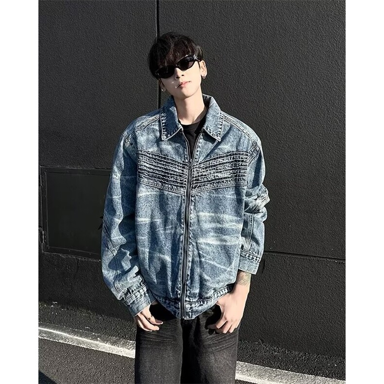 美式复古水洗扎染牛仔外套男秋季高街潮牌痞帅喷漆设计感机车夹克,男装工装外套,星座410-6（原星座1304-1）