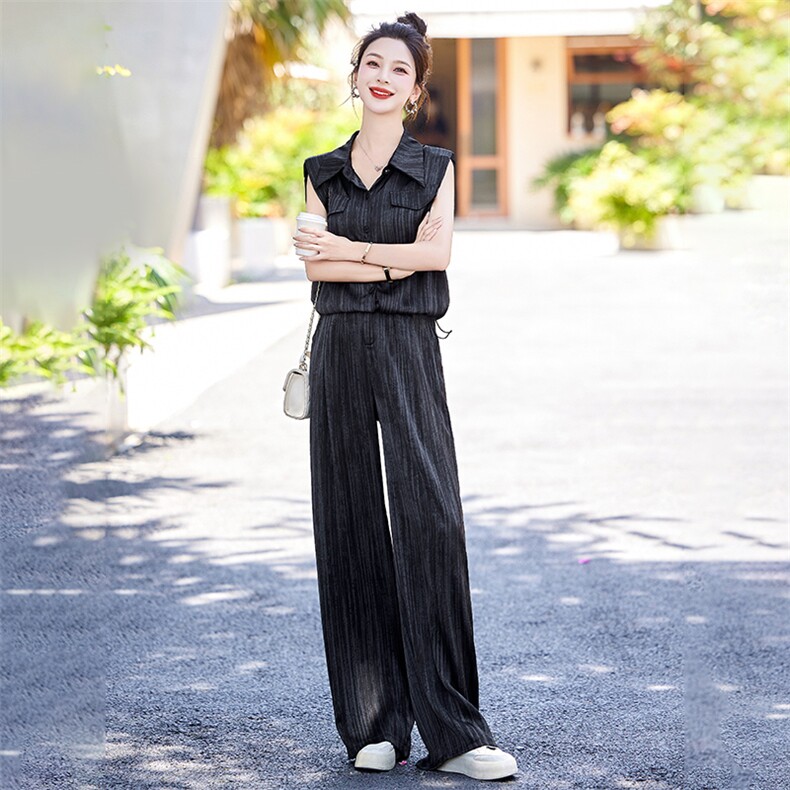 时尚休闲职业套装女夏2024新款洋气减龄无袖条纹衬衫阔腿裤两件套,女装套装/套裙,依如秀(原杭风阁)