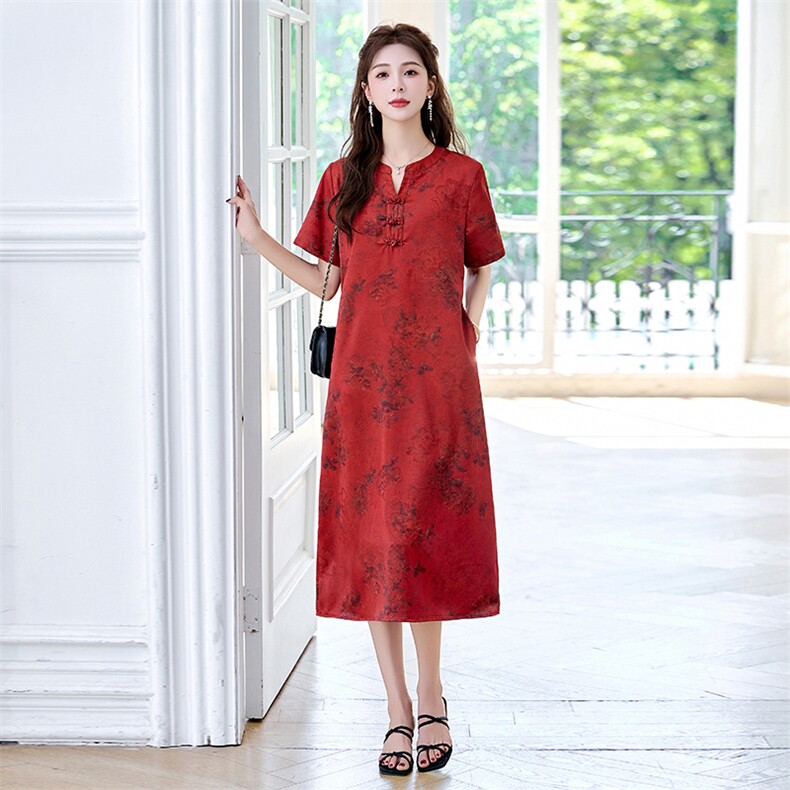 新中式连衣裙女夏2025新款国风复古好看盘扣宽松遮肚显瘦中长裙子,女装连衣裙,罗得堡