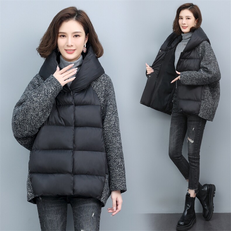 2024羊毛毛呢拼接棉衣棉服加厚保暖外套宽松女装冬装，女装棉衣/棉服，涵誉