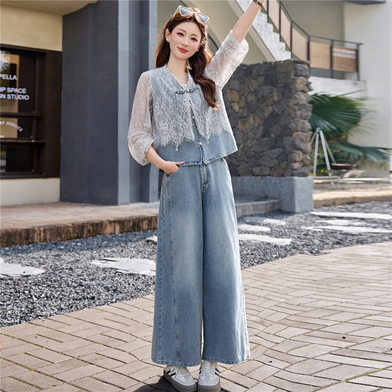 蕾丝拼接牛仔套装女春秋季新款洋气减龄阔腿裤两件套气质，女装套装/套裙，欣品汇