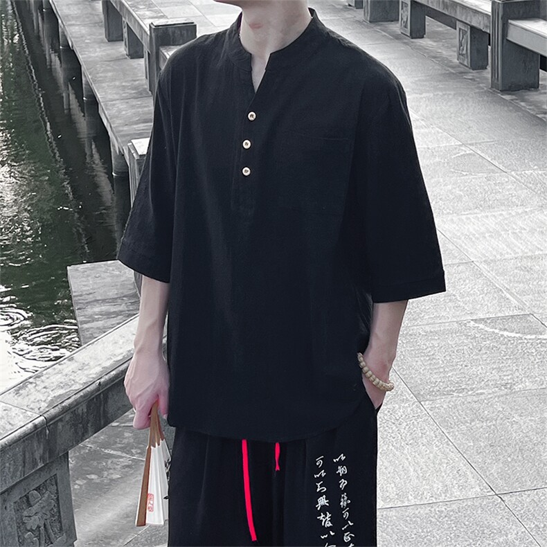 新款24新中式风上衣情况汉服班服中袖衬衫立领T2301-P45-控68,男装衬衫,电商A021