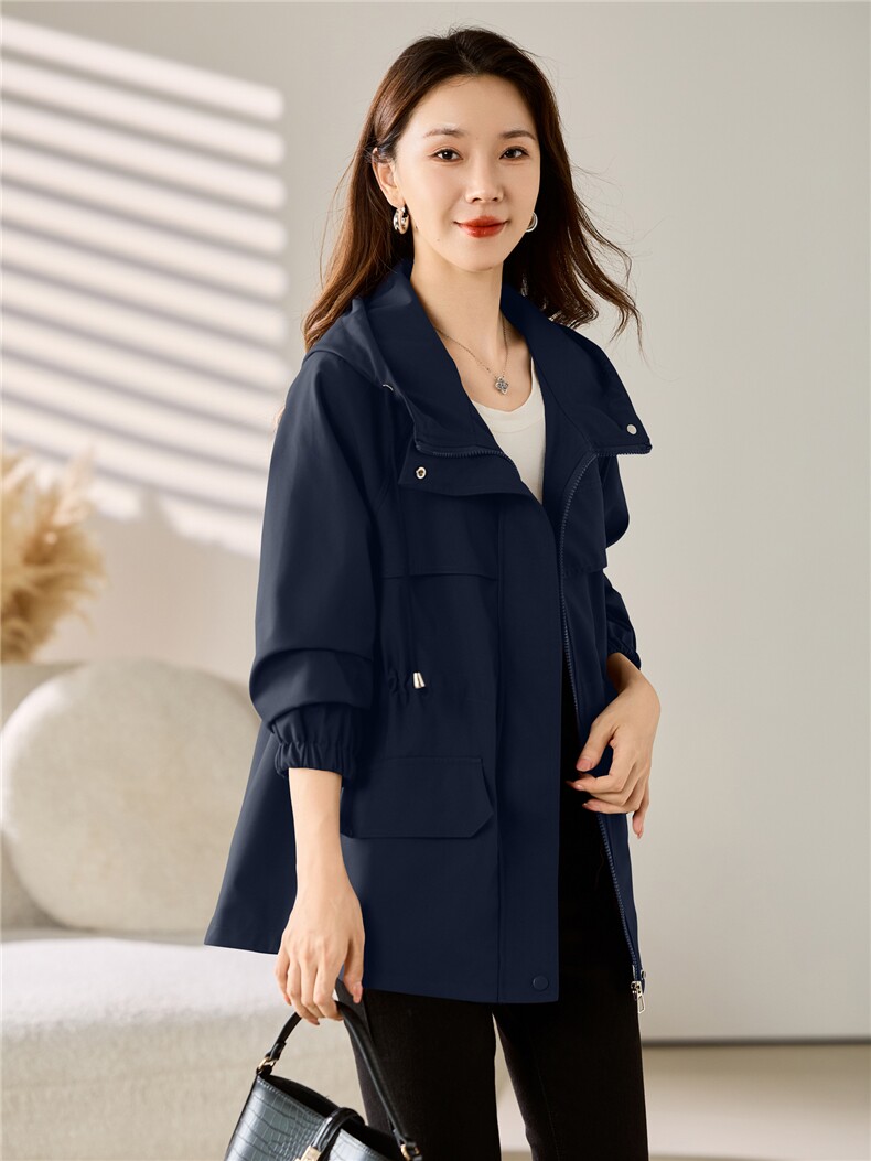 现货大货已出！！2025秋季女装新款时尚抽绳中长款显瘦连帽外套,女装风衣,以桐
