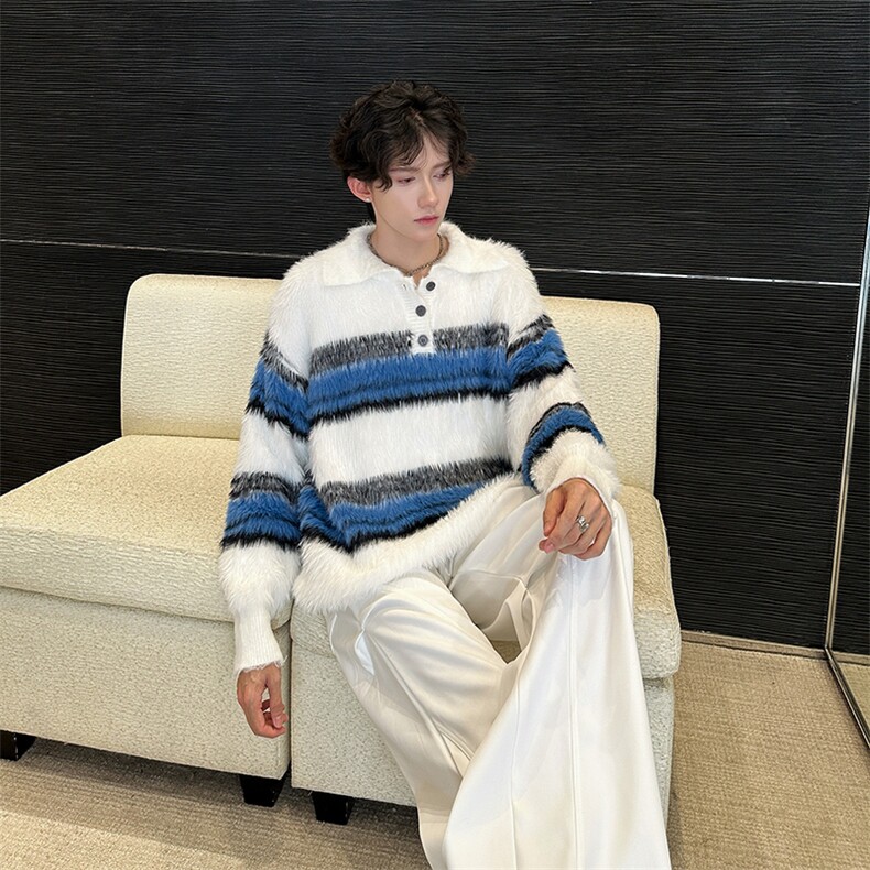 长豹毛刷毛POLO领纽扣条纹毛衣情侣秋冬慵懒针织衫男MY09819-P58,男装针织衫/毛衣,星座308B-2