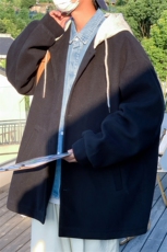 N6108/P95秋冬港风连帽假两件中长款毛呢大衣男大码风衣呢料上衣，男装风衣，电商A141