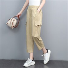 时尚宽松休闲裤女2118高腰显瘦百搭工装裤舒适棉质九分裤，女装休闲裤，依恋蒂丝