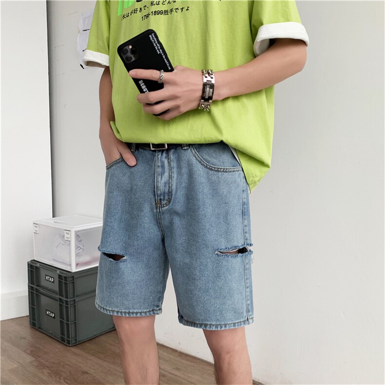 现货港风20夏季宽松港风破洞牛仔短裤新款ins外穿五分裤d,男装牛仔裤,星座1008