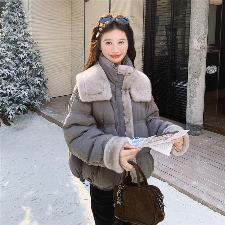 甜美软糯毛绒拼接连帽短款羽绒服女2025冬季巨好看90白鸭绒外套潮,女装羽绒服,2C375