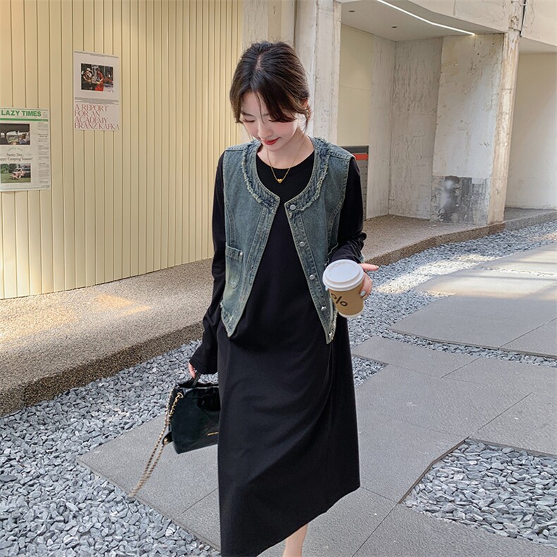 设计感黑色连衣裙马甲套装女2025年春秋季新款韩版显瘦长裙两件套,女装套装/套裙,2C262