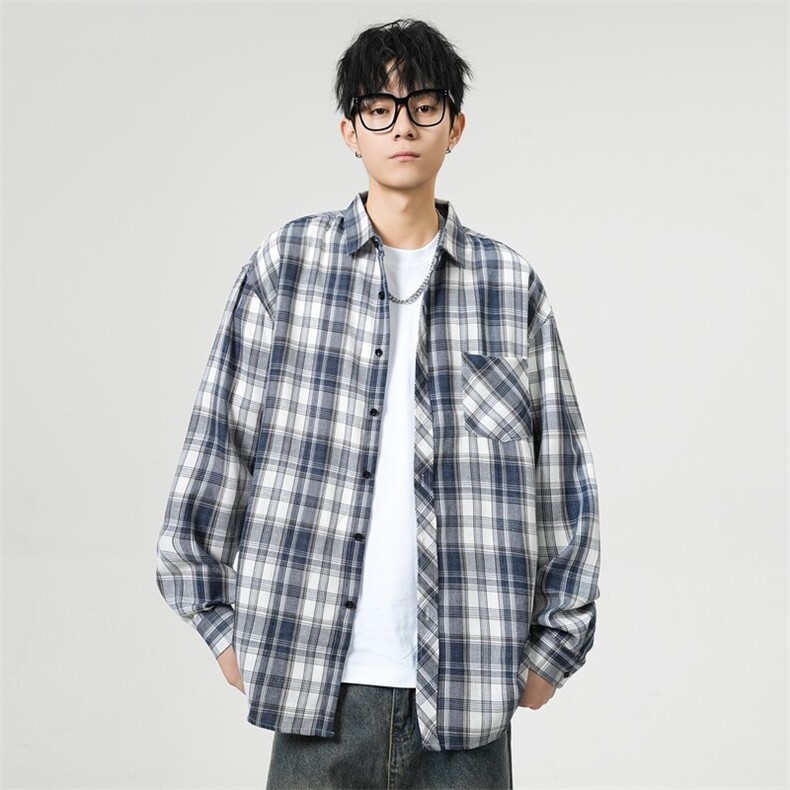 （跨境电商）四季款格子衬衫潮流宽松格纹衬衣,男装衬衫,星座1107-1