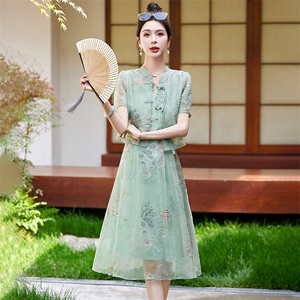 欧根纱刺绣新中式连衣裙两件套女2024夏季新款洋气减龄吊带裙套装图片