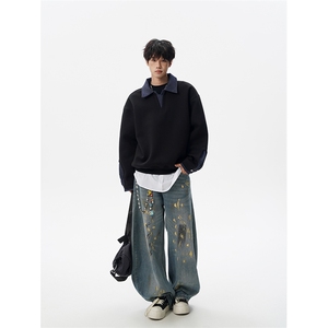 8XL-M 美式拼接新款翻领高级感衬衫领运动上衣长袖卫衣男WY26P68图片
