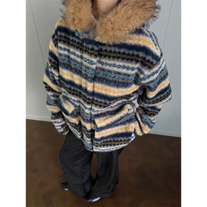 网图有货 条纹毛领可拆线连帽棉服外套男女保暖棉衣 A1117-P130图片