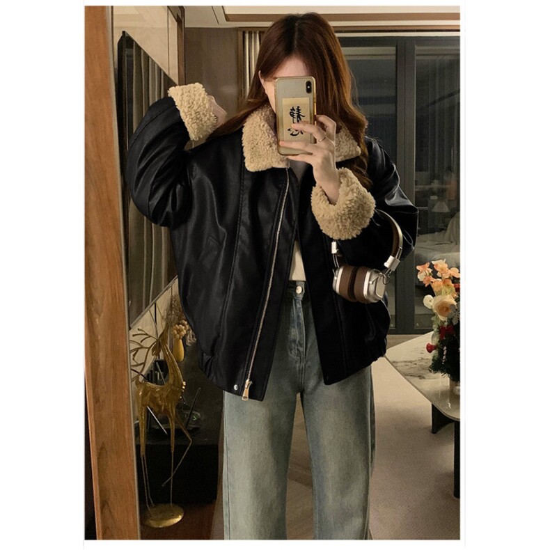 CC691-P135美拉德咖色复古羊羔毛皮衣外套女冬加厚加绒机车服夹克,女装皮衣,星座1611A