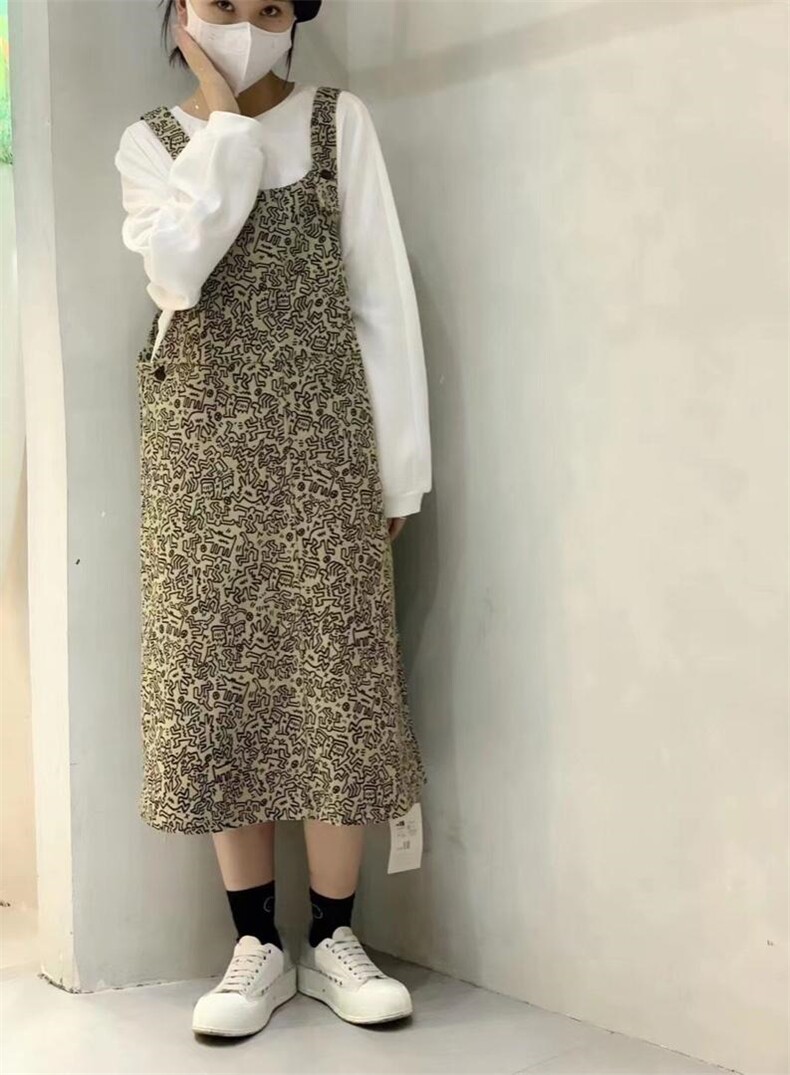 印花牛仔背带裙，其它，with E Q