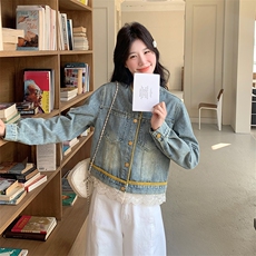 蕾丝拼接圆领牛仔外套女2025春季新款高级感复古时尚小个子夹克潮，女装短外套，2C056