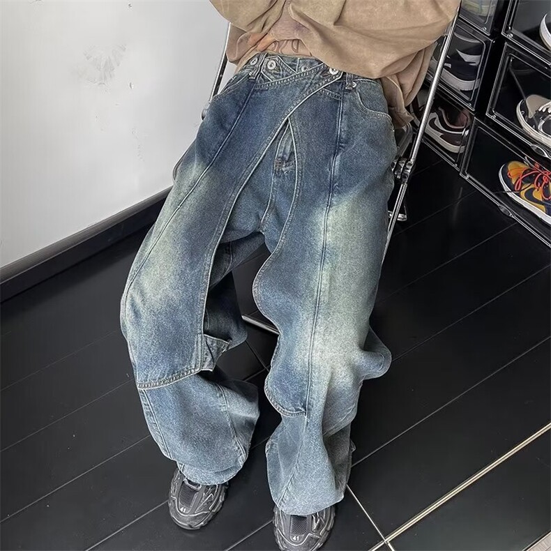 美式高街复古重工做旧水洗牛仔裤男解构拼接直筒阔腿长裤图片
