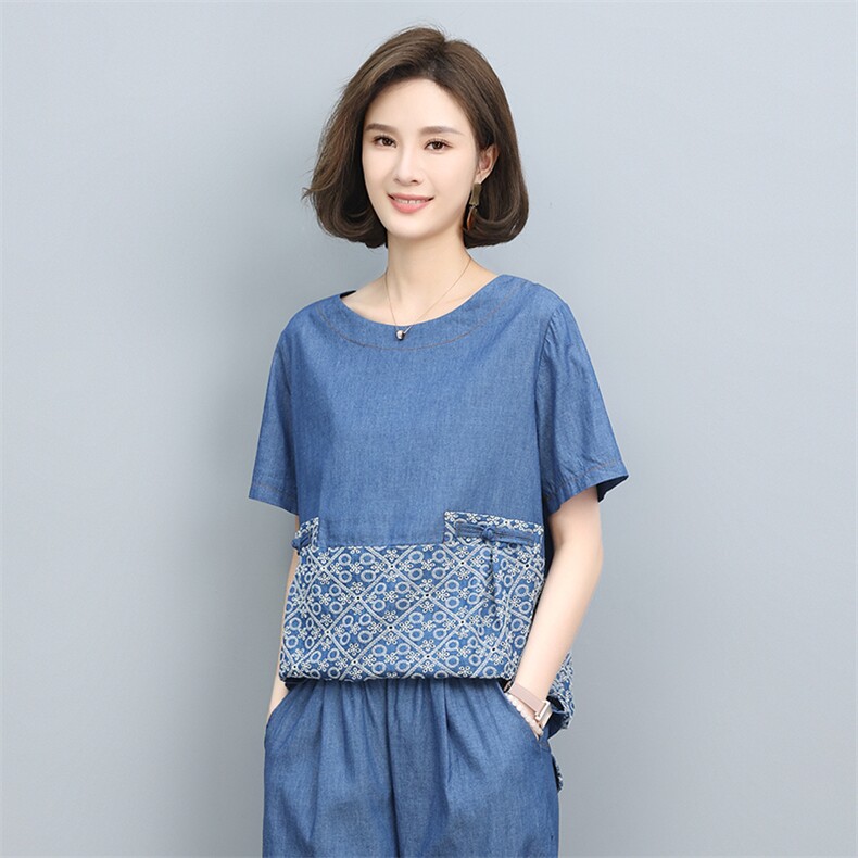 时尚拼接印花水洗牛仔盘扣短袖衬衫宽松显瘦百搭上衣,女装衬衫,叶笙衣