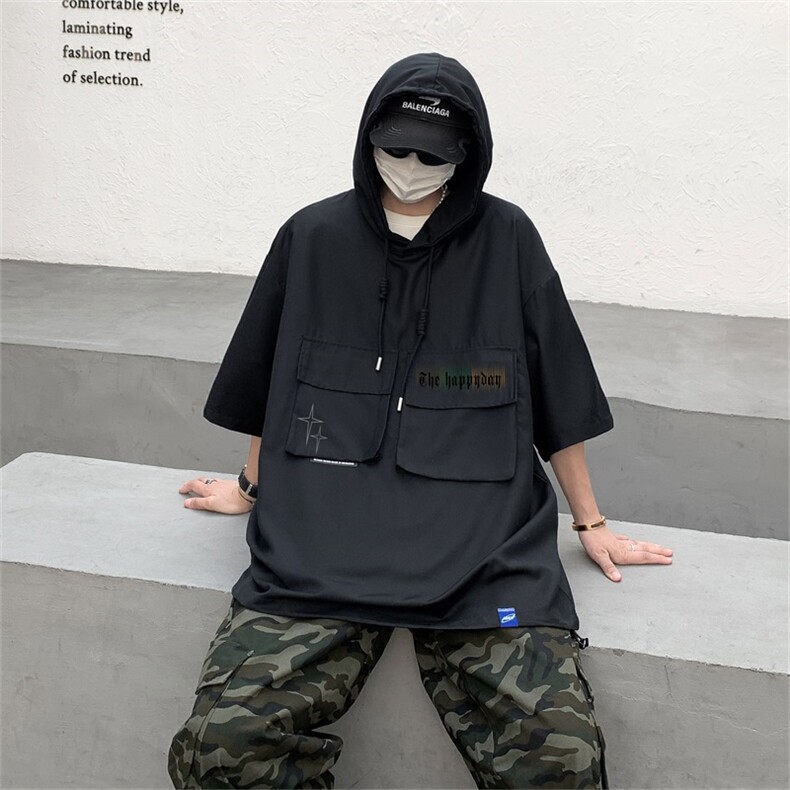 DSA028-MQA2330P38夏季复古潮牌连帽工装短袖男百搭休闲卫衣,男装T恤,电商A028