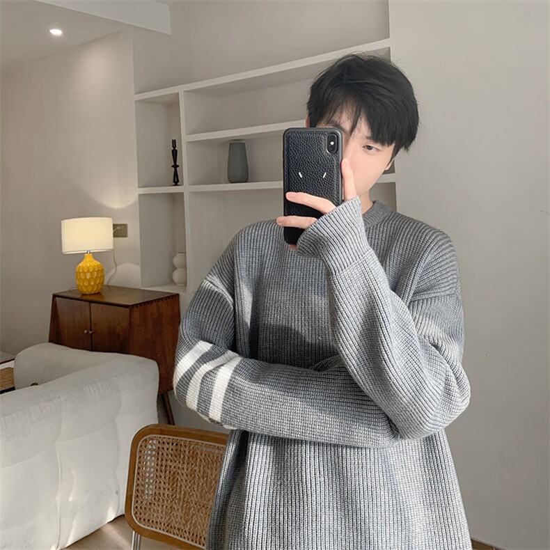 三条杠圆领毛衣男款秋冬季高级感潮牌慵懒风外套潮流百搭针织线衣,男装针织衫/毛衣,电商A169