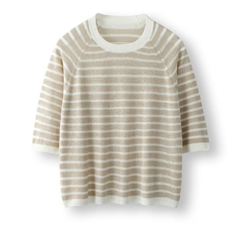 2025年秋季新款针织圆领条纹中袖上衣时尚休闲通勤百搭，女装针织衫/毛衣，致织羊绒