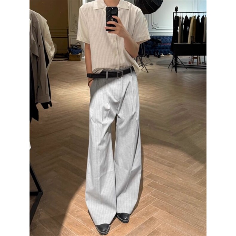 浅灰色好莱坞a字西裤老钱风双褶条纹裤子直筒微喇裤 KZ9872 P60图片