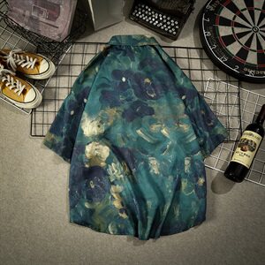 CS20-P45   夏装油画印花冰丝半袖衬衫男士宽松大码胖子短袖衬衣图片