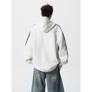 8XL-M秋冬美式运动三条杠条纹开衫卫衣连帽特大码宽松JK5206/P65图片