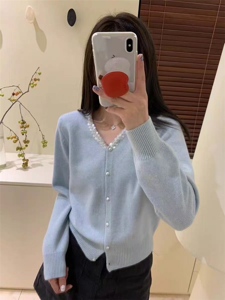 新款纯色手工亮片单排扣开衫时尚百搭图片