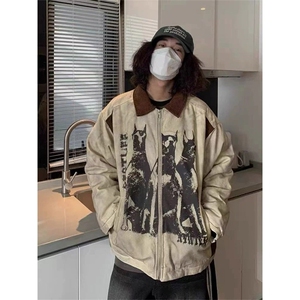 612-P64 美式复古做旧废土风工装外套男款春秋季潮牌宽松扎染图片