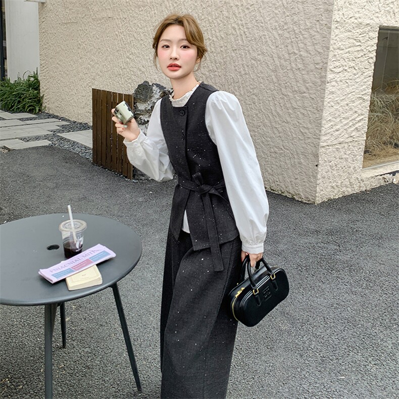 现货撒银新面料白衬衫马甲阔腿裤裤三件套2C239-H51-P195K278,女装套装/套裙,2C239