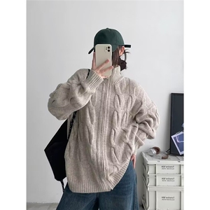 港风春秋款蓝色独特麻花拉链开衫毛衣男女外穿休闲慵懒风针织外套图片