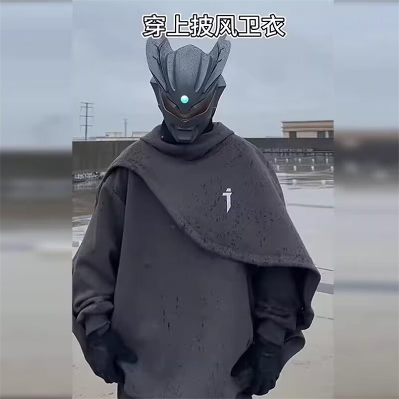 2025秋季新款潮流机能风高领斗篷卫衣男女同款连帽假两件套头外套图片