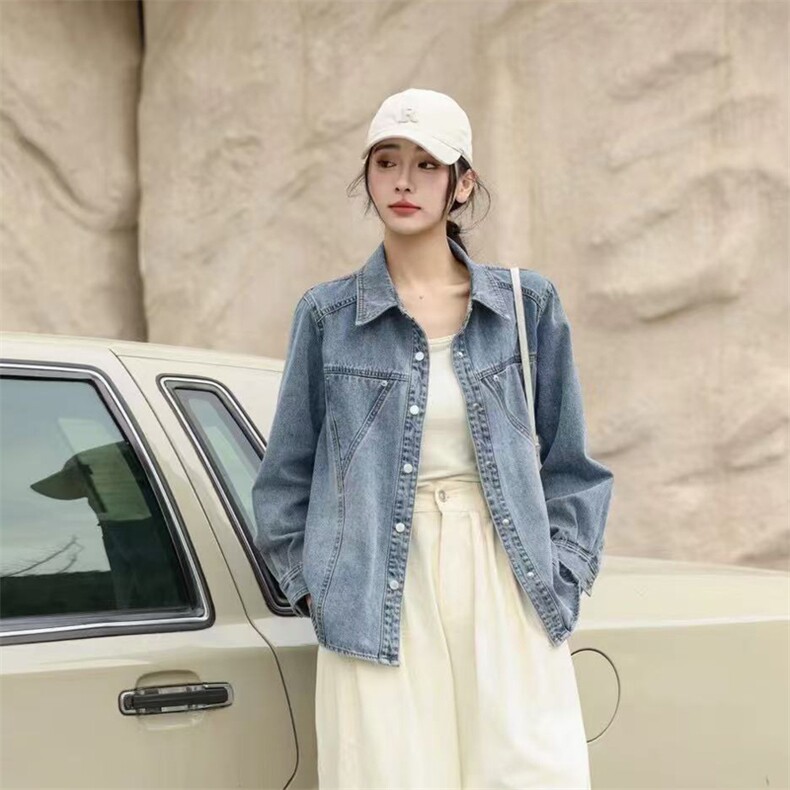 2025春秋新款韩版修身短款百搭牛仔外套女长袖小个子衬衫夹克上衣,女装牛仔外套,莜菲儿