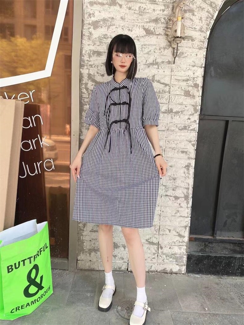 爱美欧，，夏季现货新款排扣格子连衣裙,女装连衣裙,爱美欧