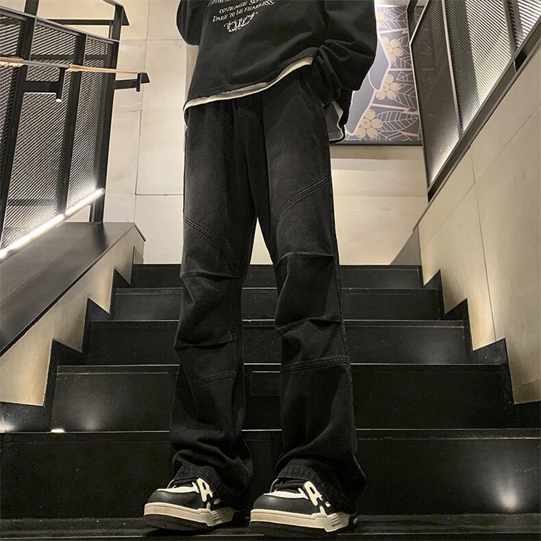 新款高街微喇拼接打褶牛仔裤XZ604-KN21-P50控78,男装牛仔裤,星座604