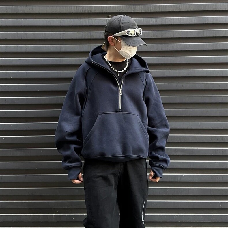抖音得物二开美式重磅宽松结构拉链设计防风高领连帽卫衣外套W76,男装卫衣,电商A486-1