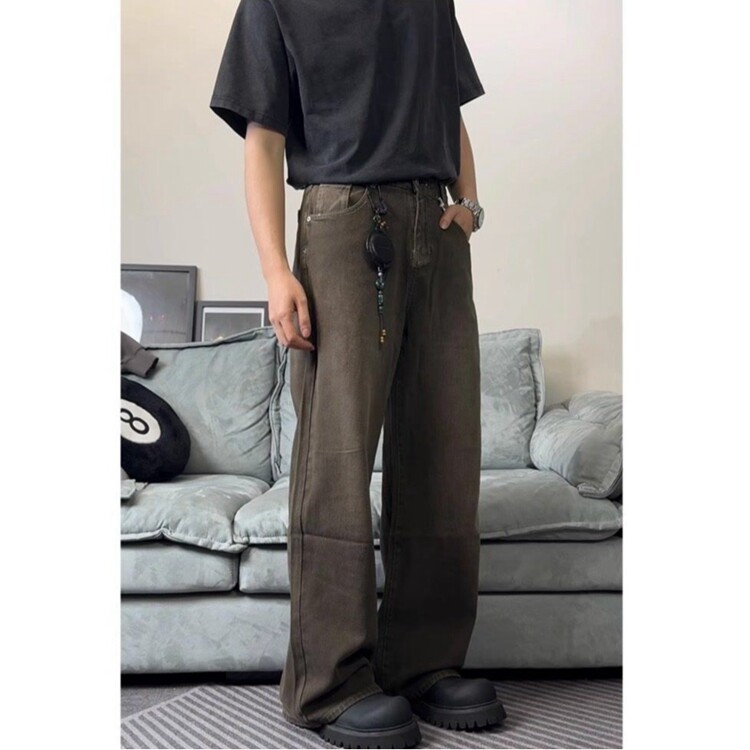美式洗染棕复古牛仔裤男潮牌新款宽松垂感直筒cleanfit阔腿长裤子,男装牛仔裤,星座218-8
